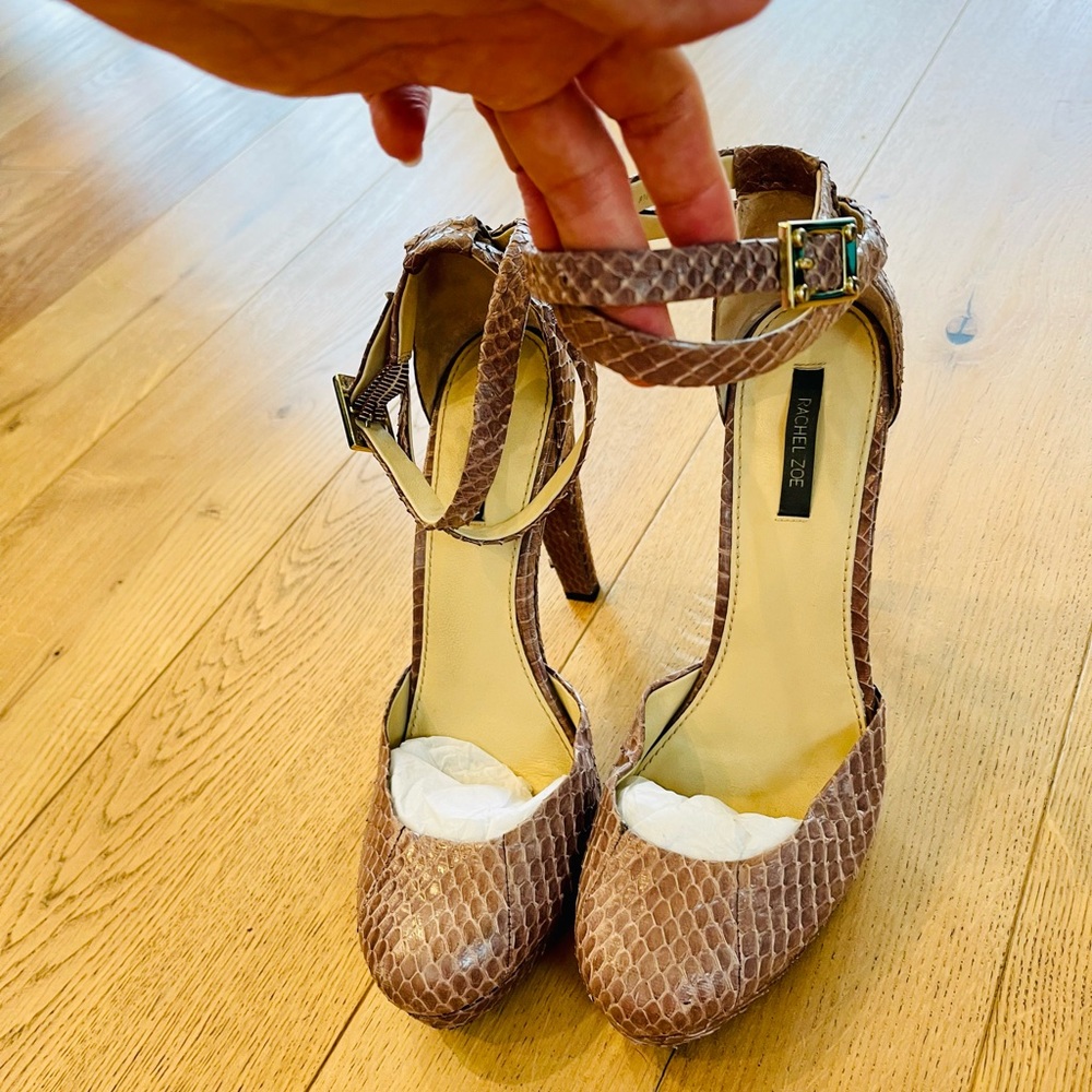 Rachel Zoe high heels size 9.5. Mauve color snake skin. Ankle wrapped heels.